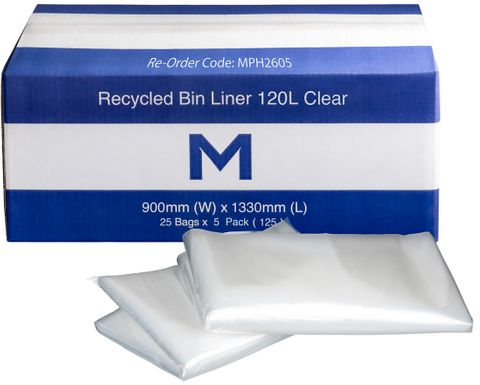 120L CLEAR FP RECYCLED RUBBISH BAGS 25S - 900 X 1330MM X 50MU
