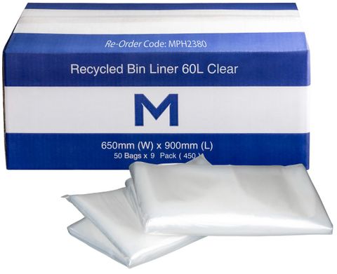 60L CLEAR FP RECYCLED RUBBISH BAGS 50S - 650MM X 900MM X 30MU
