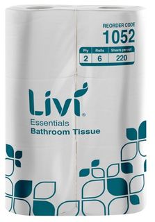 LIVI 1052 ESSENTIALS WHITE 2 PLY UNWRAPPED TOILET ROLLS 225S X 72 (12X6PK)