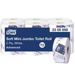 TORK T2 ADVANCED WHITE 2 PLY JUMBO MINI TOILET ROLLS 200M X 10CM X 12S