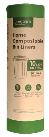 ECOPACK 80L COMPOSTABLE BIN LINERS GREEN 780MM X 1060MM X 25MIC 10S