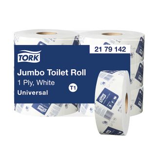 TORK T1 UNIVERSAL WHITE 1 PLY JUMBO TOILET ROLLS 650M X 9CM X 6S