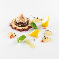 Recipe - Mango Canneloni / Cacao Espuma / Lemon-Mint Emulsion Jelly / Hazelnut Crumble