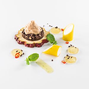 Recipe - Mango Canneloni / Cacao Espuma / Lemon-Mint Emulsion Jelly / Hazelnut Crumble