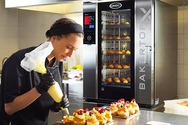 Chef using a piping bag in front of a brand new Unox oven