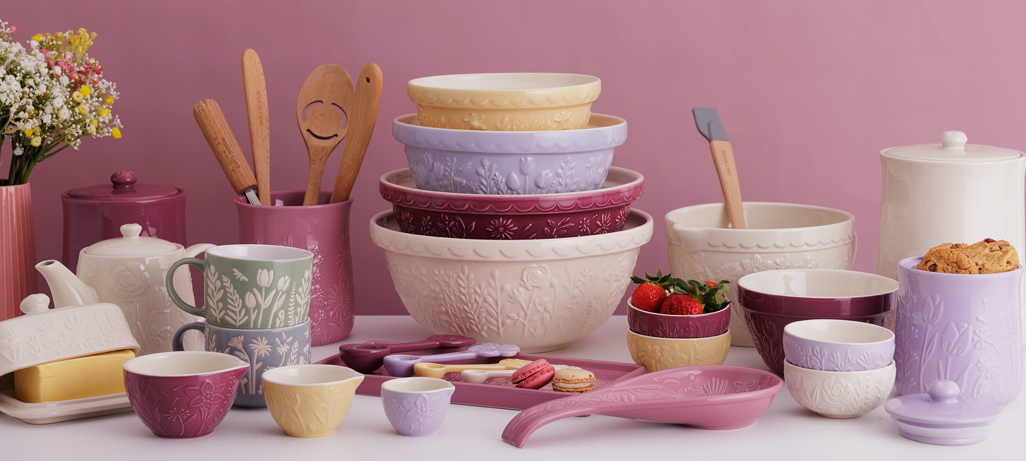 Bring floral elegance to the kitchen with the exquisite In the Meadow Collection. Featuring delicate embossments of a floral meadow in a beautiful colour palette that ranges from soft pastels to a decadent purple, each bowl design has been inspired by its own unique flower. Meadow Collection from Mason Cash is now available at Chef&rsquo;s Hat.