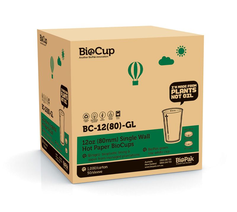 CUP WHT 12OZ SINGLE WALL, BIOPAK 1000CTN