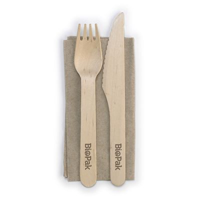 CUTLERY SET WOOD KNIFE/FORK/NAPKIN EACH