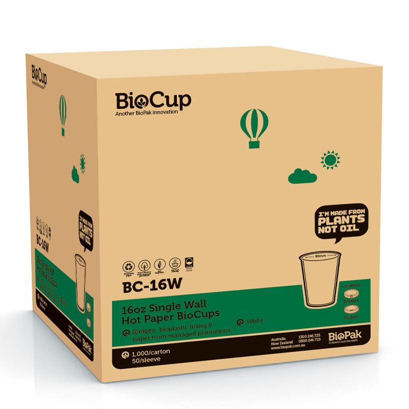 CUP WHT 16OZ SINGLE WALL, 1000CTN BIOPAK