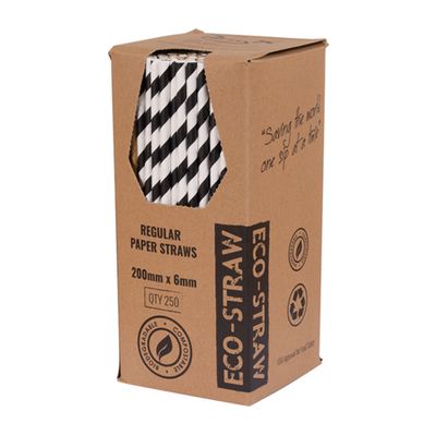 PAPER STRAW BLACK/WHITE STRIPED 205MM, AUSTRAW