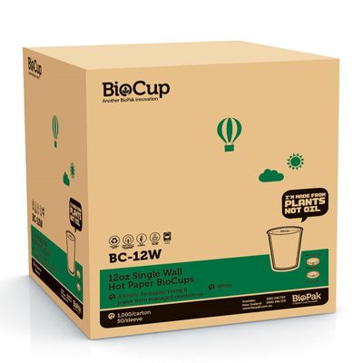 COFFEE CUP 12OZ WHITE SINGLE WALL BIOPAK