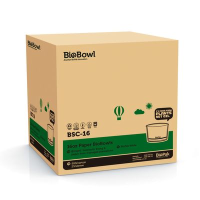 BOWL PAPER WHT 16OZ, BIOPAK 500CTN