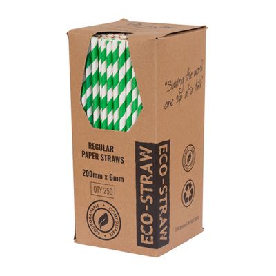 PAPER STRAW GREEN/WHITE STRIPED 205MM, AUSTRAW