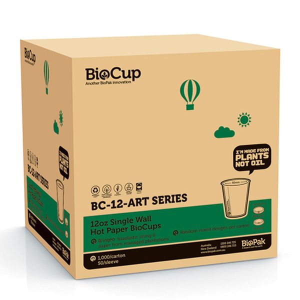 CUP ART 12OZ SINGLE WALL, BIOPAK 1000CTN