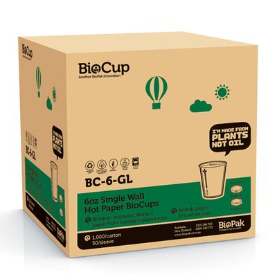 CUP WHT 6OZ SINGLE WALL, BIOPAK 1000CTN