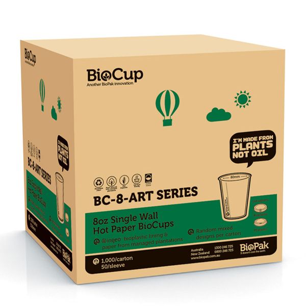CUP ART 8OZ SINGLE WALL(80MM), BIOPAK 1000CTN