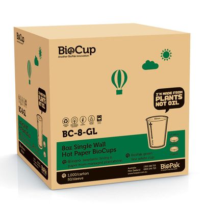 CUP WHT 8OZ SINGLE WALL, BIOPAK 1000CTN