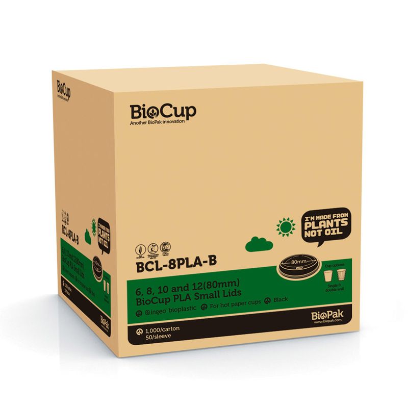 LID PLA 8OZ (80MM) BLACK, BIOPAK 1000CTN