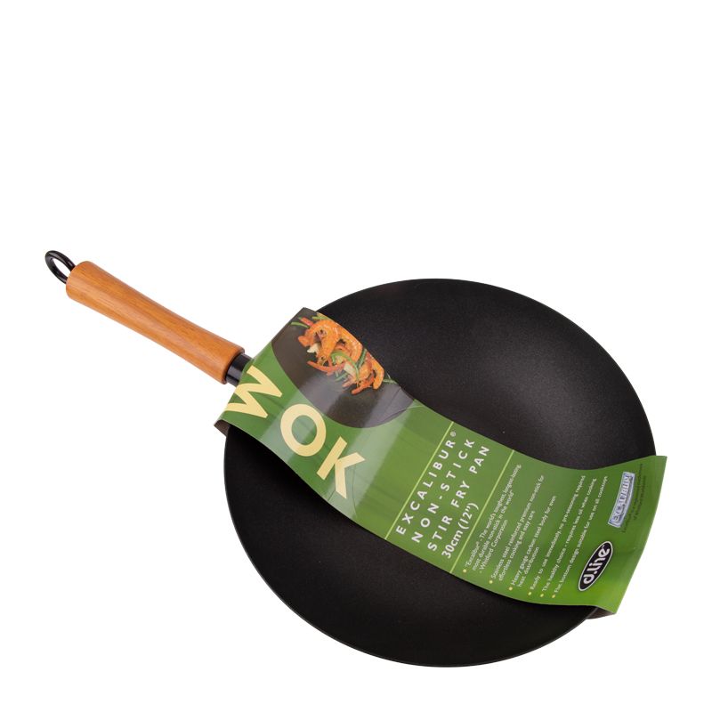 WOK N/STICK 30CM WOODEN HNDL, EXCALIBUR