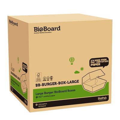 BURGER BOX LARGE BROWN, BIOBOARD 150CTN