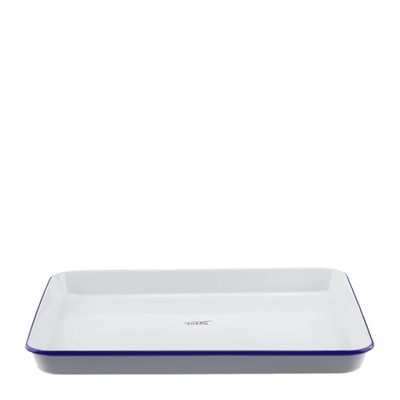 TRAY RECT WHT W/ BLUE RIM ENAMEL