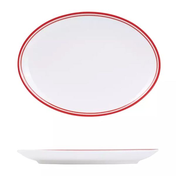 Shop PLATE OVAL RED RIM 260X190MM, NANO CRU - Chef’s Hat