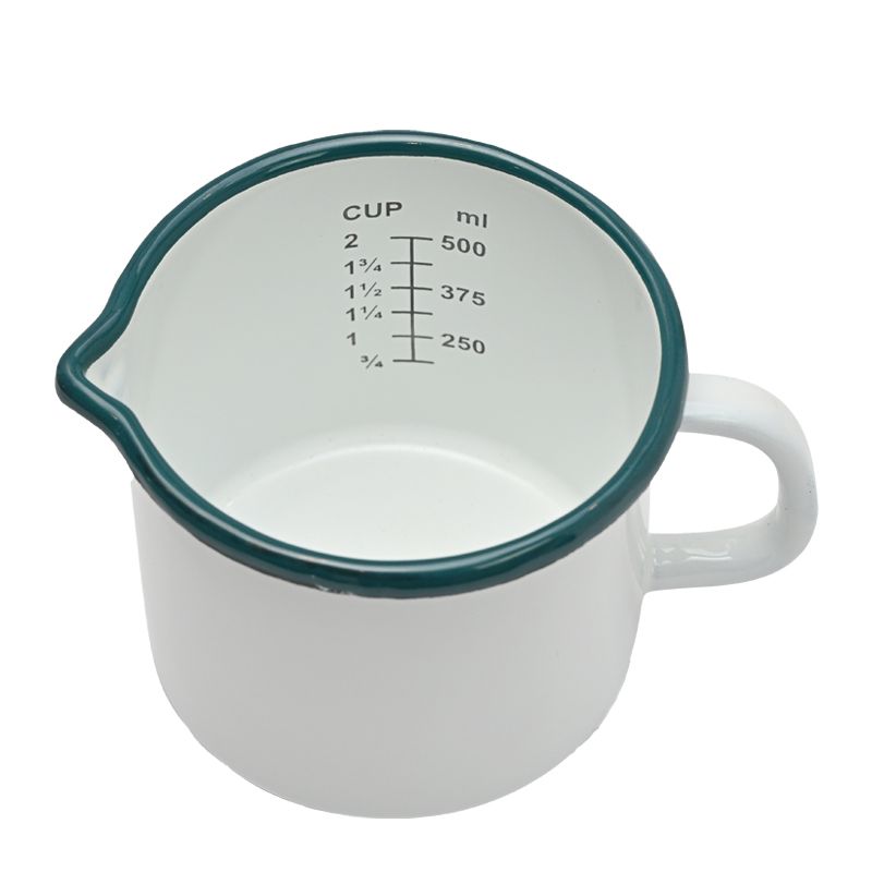 MEASURING JUG ENAMEL WHT W/GRN RIM 10CM