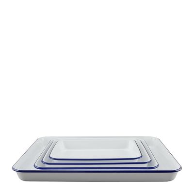 BAKING TRAY SET4PCE ENAMEL WHT W/BLU RIM