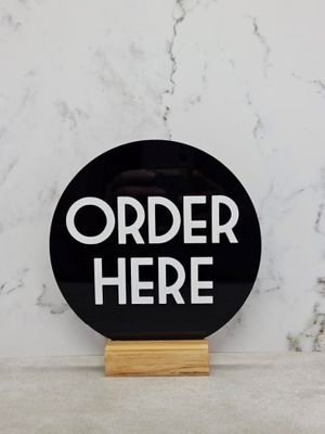 SIGN ORDER HERE RND BLACK 150MM W/STAND