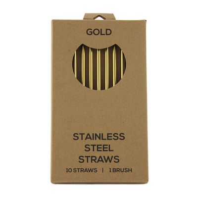 STRAWS S/STEEL GOLD 10PK 215X65MM