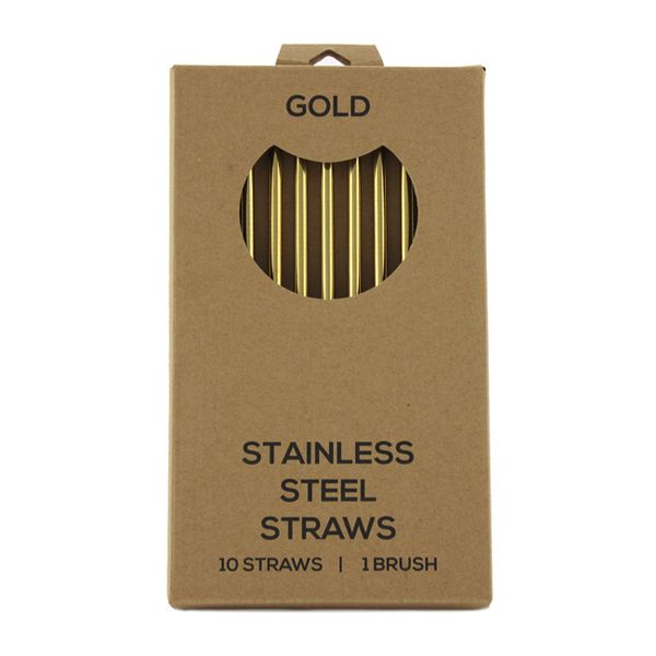 STRAWS S/STEEL GOLD 10PK 215X65MM