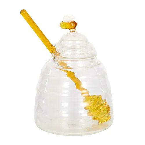 GLASS HONEY POT W DIPPER 10X15CM, HIVE