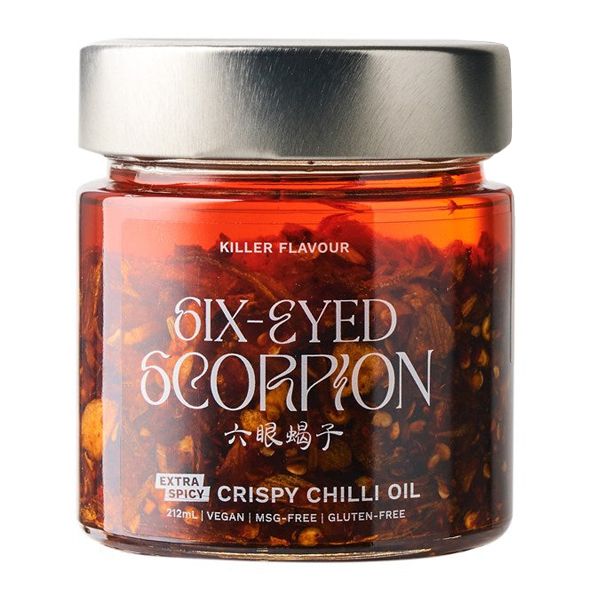 CRISPY CHILLI OIL EX SPICY 212ML, SIX EYED SCORPION