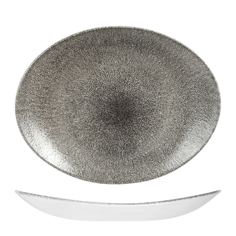 PLATE COUPE OVAL BLACK 317X255MM, C/HILL RAKU