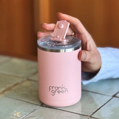 CUP REUSABLE CERAMIC HINGE LID BLUSH 12OZ, F/GREEN