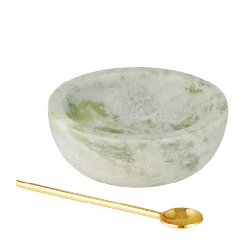 MARBLE BOWL W GOLD SPOON 2PCE 10X4CM GREEN