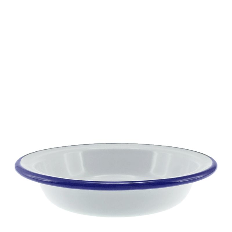 PIE DISH WHT W/BLUE RIM ENAMEL 14CM