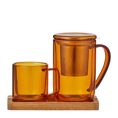 TEA FOR ONE W/INFUSER 3PCE AMBER 20X11X16CM