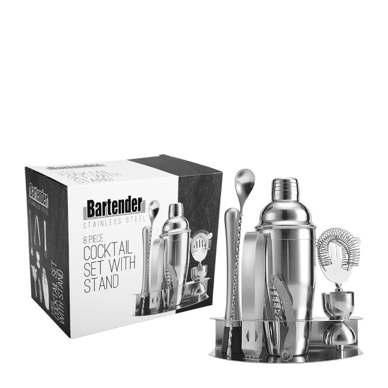 COCKTAIL SET W/STAND, 8 PCE S/S BARTENDER