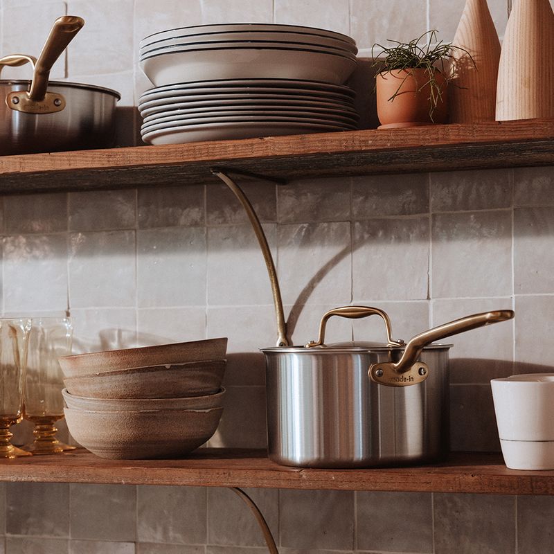 SAUCEPAN W LID 4LTR STAINLESS CLAD BRASS HANDLE MADE IN