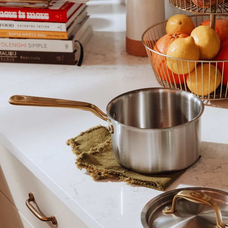 SAUCEPAN W LID 2LTR STAINLESS CLAD BRASS HANDLE MADE IN