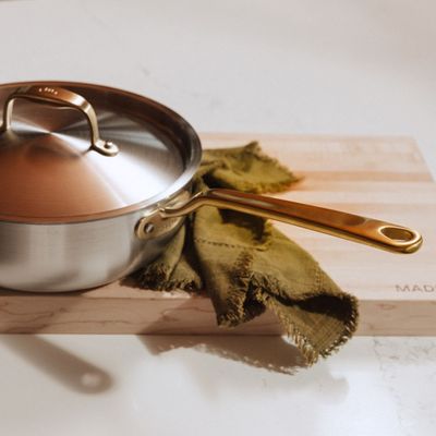 SAUCIER W LID 2.8LTR STAINLESS CLAD BRASS HANDLE MADE IN