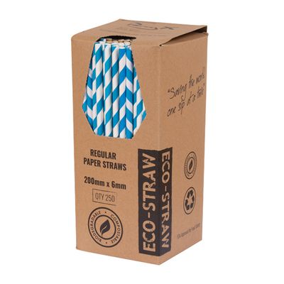 PAPER STRAW BLUE/WHITE STRIPED 205MM, AUSTRAW