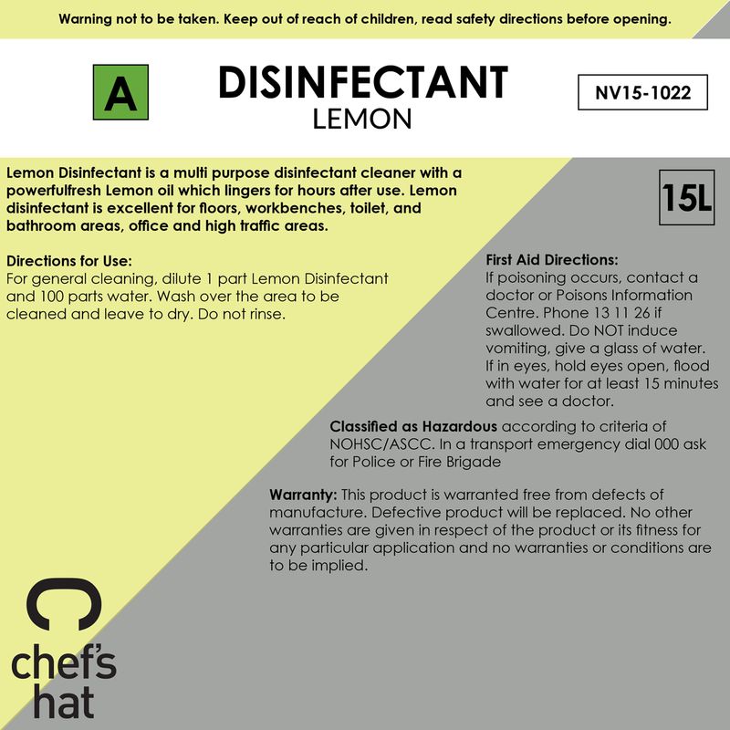 DISINFECTANT LEMON 15LT, CHEFS HAT PREM