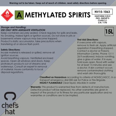 METHYLATED SPIRITS 15LT, CHEFS HAT PREM