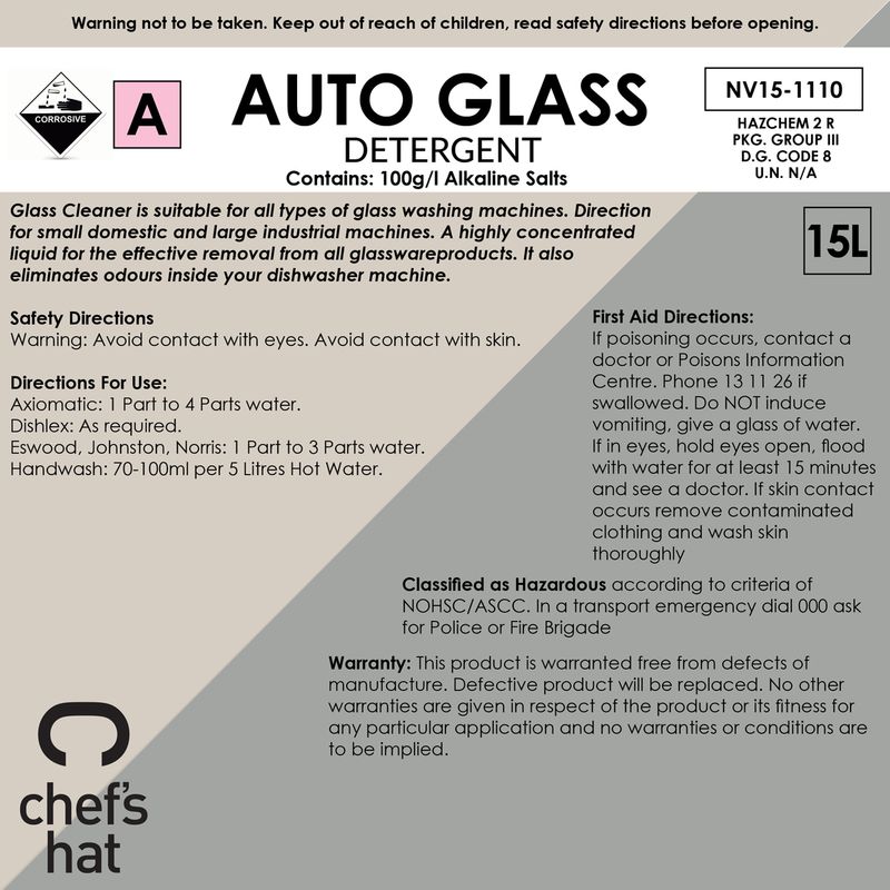 AUTOGLASS DETERG 15LT, CHEFS HAT PREMIUM