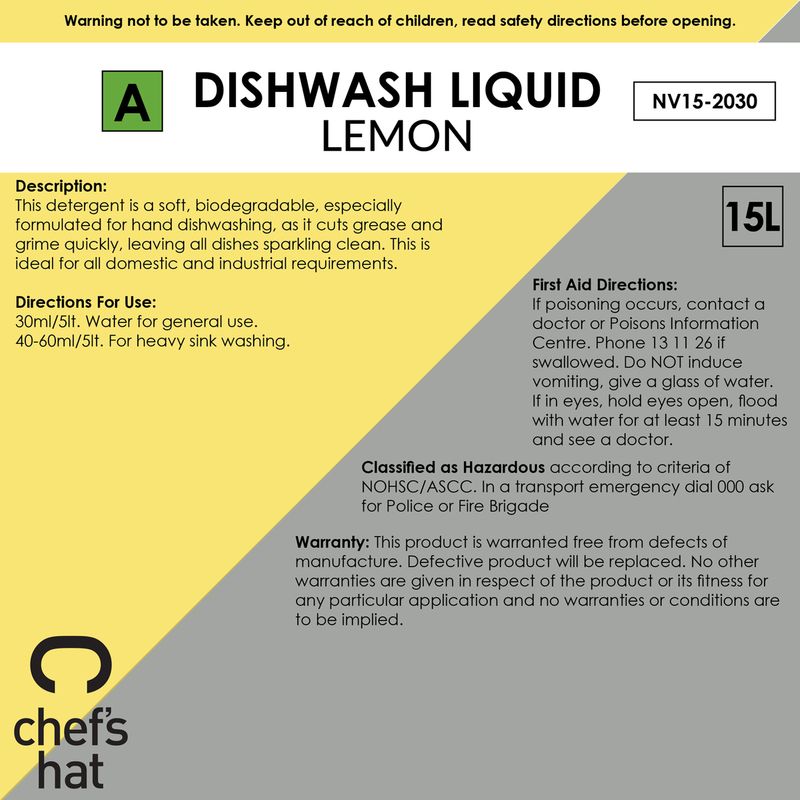 DISHWASH LQD LEMON 15LT, CHEFS HAT PREM