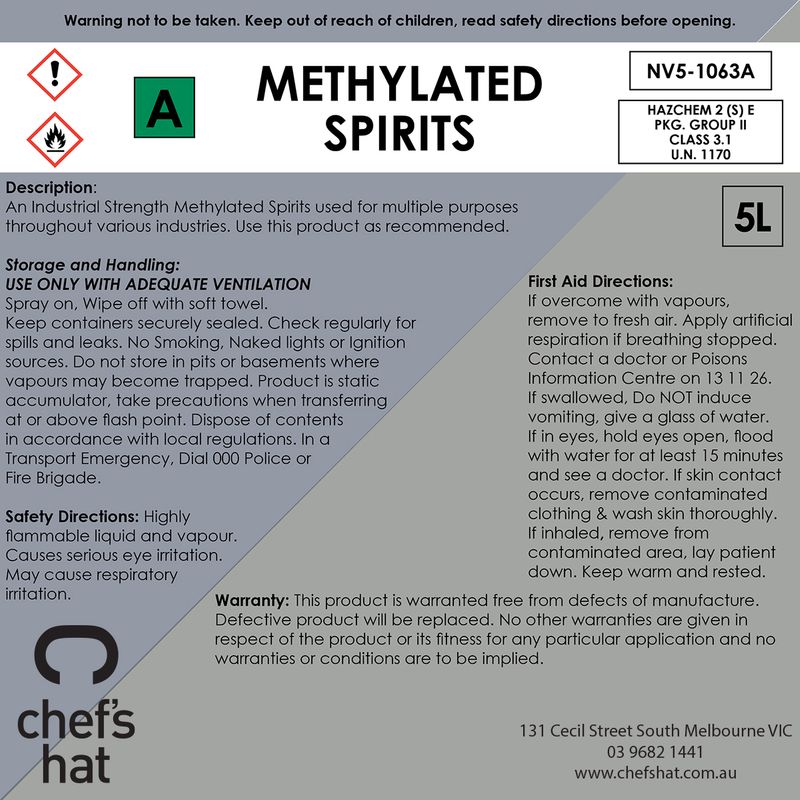 METHYLATED SPIRITS 5LT, CHEFS HAT PREM