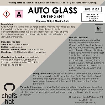 DETERGENT AUTO GLASS WASH 5LT, CHEFS HAT