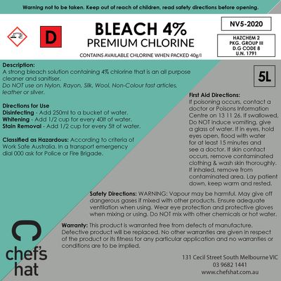 BLEACH 4%, CHEFS HAT 5LT PREMIUM